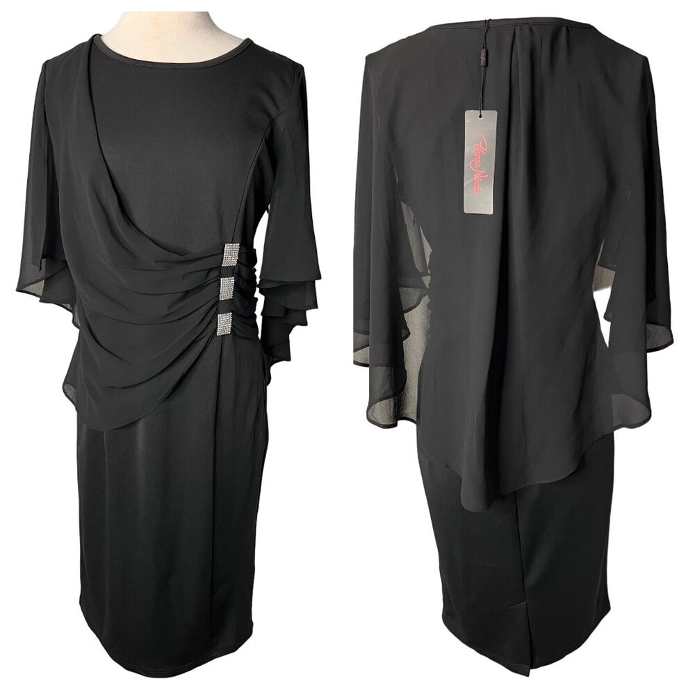 Hannah Black Dress L Formal Dressy Cape Ruffle sequence knee length NEW
